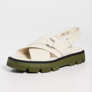 Sorrel Cream Leather Cross-Strap Slingback Sandal with Olive Lug Sole